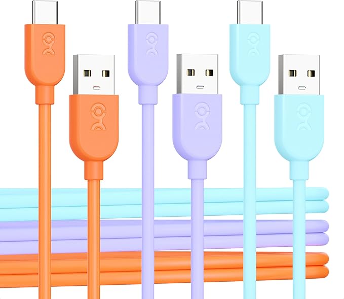 Cable Matters 3-Pack USB A to USB C Cable 6ft in Orange, Blue, Purple, Support Apple CarPlay, Android Auto, USBA to USBC Charging Cable for iPhone 16/15 Pro Max Plus, Galaxy S23