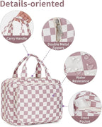 Narwey Travel Toiletry Bag for Women Large Hanging Makeup Bag Organizer Toiletries Bag for Full Size Essentials Accessories Cosmetics (Dusty Pink Checkerboard (Large))