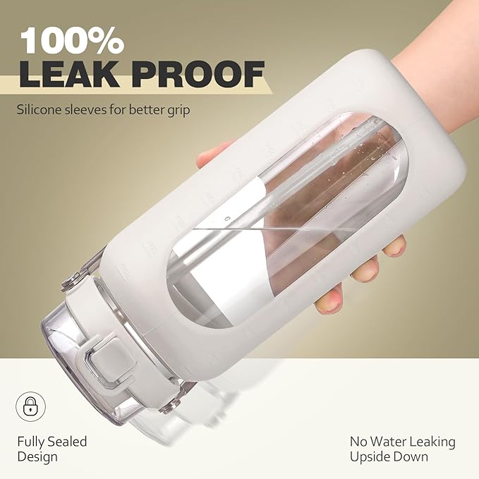 BLUEGO 64oz Water Bottle Glass with Stainless Steel Handle Large Water Bottle with Time Markers and Silicone Sleeve Half Gallon Water Jug BPA Free for Gym Daily Use, White