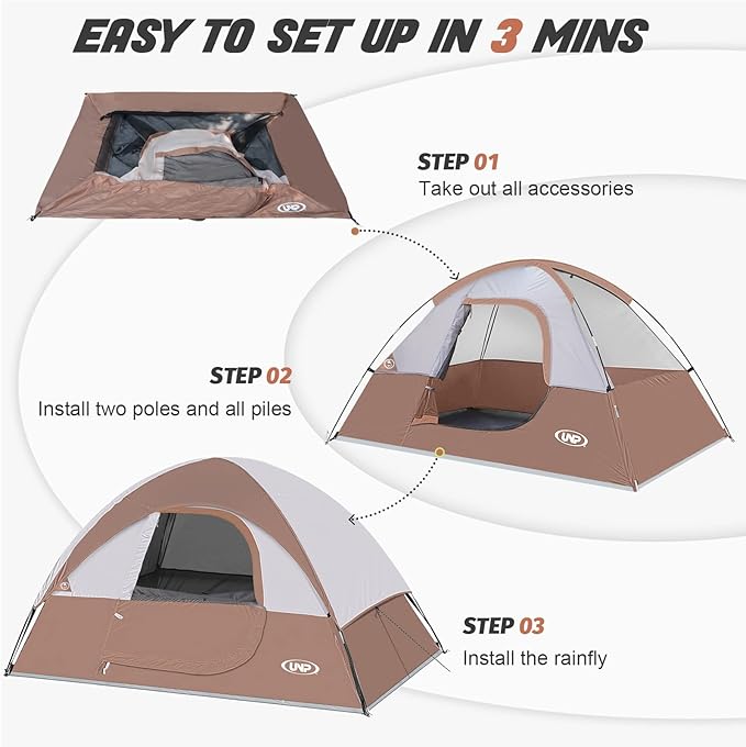 Camping Tent 2 Person, Waterproof Windproof Tent with Rainfly Easy Set up-Portable Dome Tents for Camping…