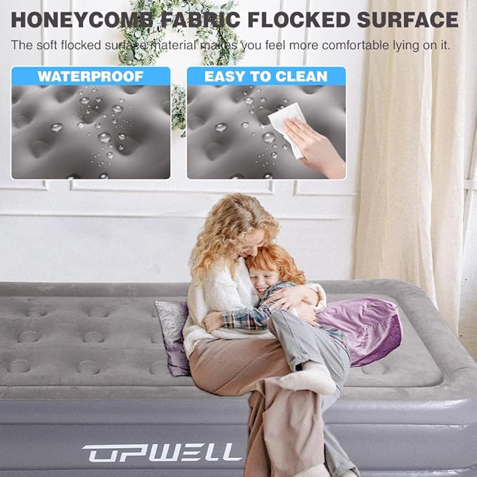 UPWELL Inflatable Air Mattress Twin with Built in Pump Comfort Blow up Bed Waterproof Fast&Easy Set up Dura Beam Strong Support Mattress for Home Guests & Camping Grey