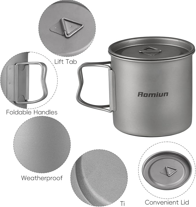 Titanium Camping Cookware 500ml Titanium Cup with Alcohol Stove, Cross Stand & Folding Spork, Lightweight Portable Outdoor Camping Cooking Utensil Set for Backpacking Hiking Traveling