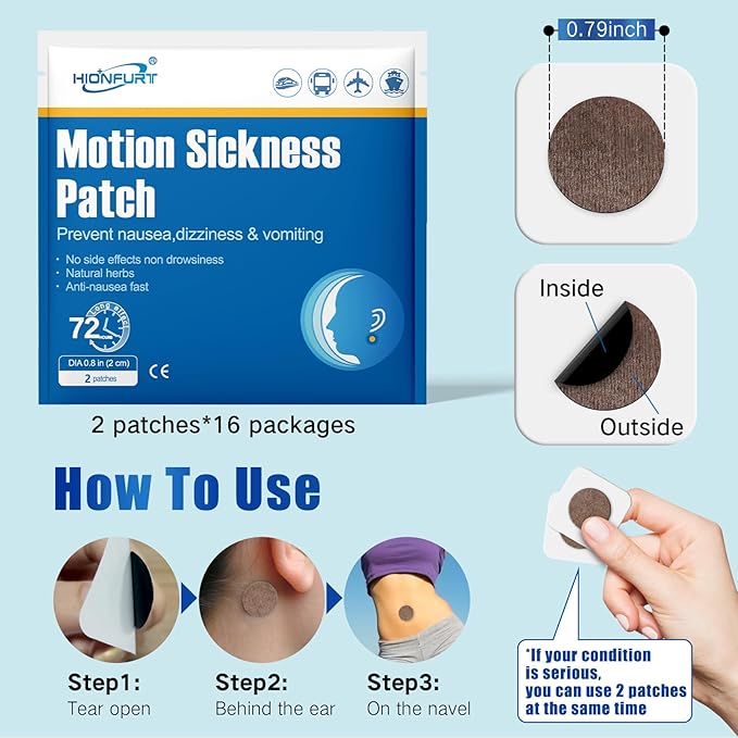 32ct Motion Sickness Patches – Sea Sickness Patches for Cruise, Car, Airplane, and Other Travel – Non-Drowsy, Effective, Lasts 72 Hours