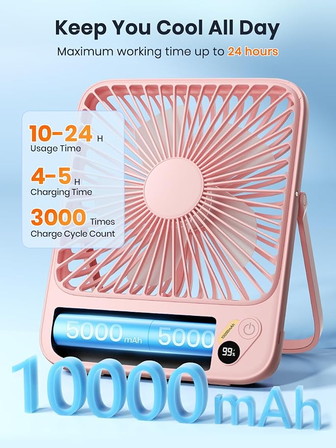 Warmco 10000mAh Portable Travel Fan 7-inch, [10-24H Runtime] Ultra-thin Digital Display Mini Desk Battery Operated Fan for Bedroom, Camping, Cruise Essentials 2025