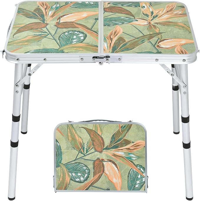 Small Folding Camping Table, 2ft Portable Picnic Table Aluminum 24" x 16" Folding Table, 3 Adjustable Heights Portable Lightweight Table Dining Table for RV, Picnic, Beach (Green Leaf)