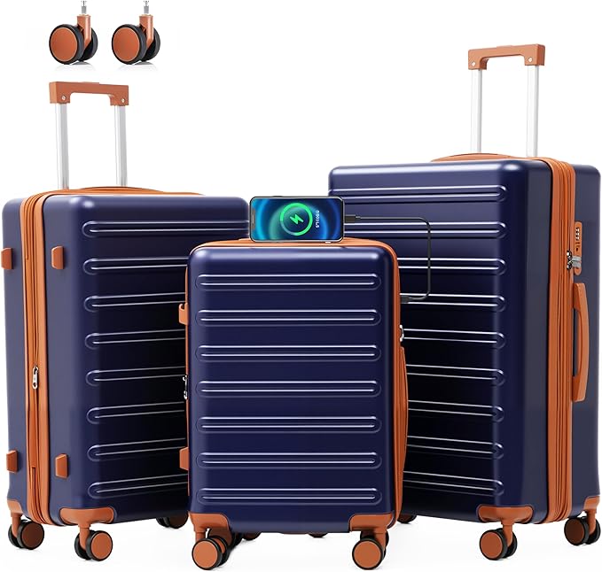 luggage sets 3 Piece with Spinner Wheel,100% PC Material Lightweight Durable,Expandable Carry On Travel Hardside Suitcase sets with TSA Lock for Men and Women (Blue+brown)