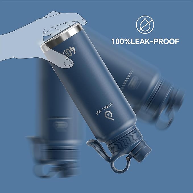 IDEUS Insulated Stainless Steel Water Bottle with 2 Leak-Proof Lids, Thermal Water Flask for Hiking Biking, 40oz, Navy Blue