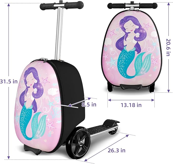 Baotree Scooter Suitcase for Kids, 2 in 1 Ride-on Luggage with Flash PU Wheels, Adjustable Handle & TPR Non-Slip Grip, Foldable & Lightweight, Ages 5-12