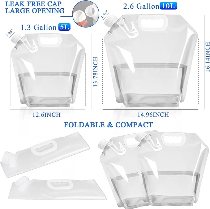 4 Pack Collapsible Water Jugs, 1.3/2.6 Gallon - Freezable, BPA Free Clear Plastic Water Bag with Handle for Outdoor, Camping, Emergency, Hiking - Leakproof Collapsible Water Container Bags(4 x 10L)