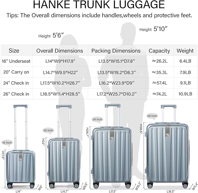 Hanke 24 Inch Checked Luggage Front Opening Rolling Suitcase Hard Sided Luggage with Spinner Wheels for Travel Woman Men.(Grey)