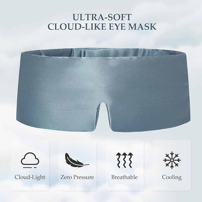 100% Mulberry Silk Sleep Mask, Large Size Travel Eye Masks for Side Sleepers, Adjustable Sleeping Mask for Women and Men, 100% Blackout Eye Mask for Sleeping Light Blue