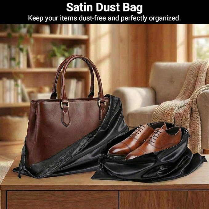 Q&J Fabric Co. 6 Pack Satin Dust Bags for Purses and Handbags - Purse Storage Organizer with Drawstring, Dustproof Travel Storage Pouches for Handbags, Shoes, Boots & Clothes (19.7"x23.6", Black)