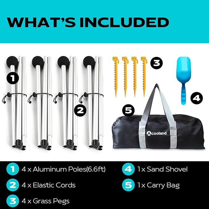 Beach Tent Sun Shelter 10 x 10ft, with 4 Aluminum Poles, Includes Sand Shovel, Ground Pegs and Carry Bag, Outdoor Pop Up Beach Shade Canopy for Camping, Fishing, Backyard Fun or Picnics