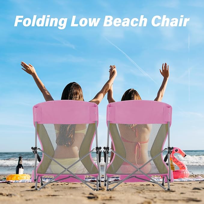Homcosan Portable Low Folding Beach Chairs Set of 2 - Lightweight Camping Chairs for Adults with Cup Holder & Storage Pockets, Carry Bag Included (Pink & Yellow)