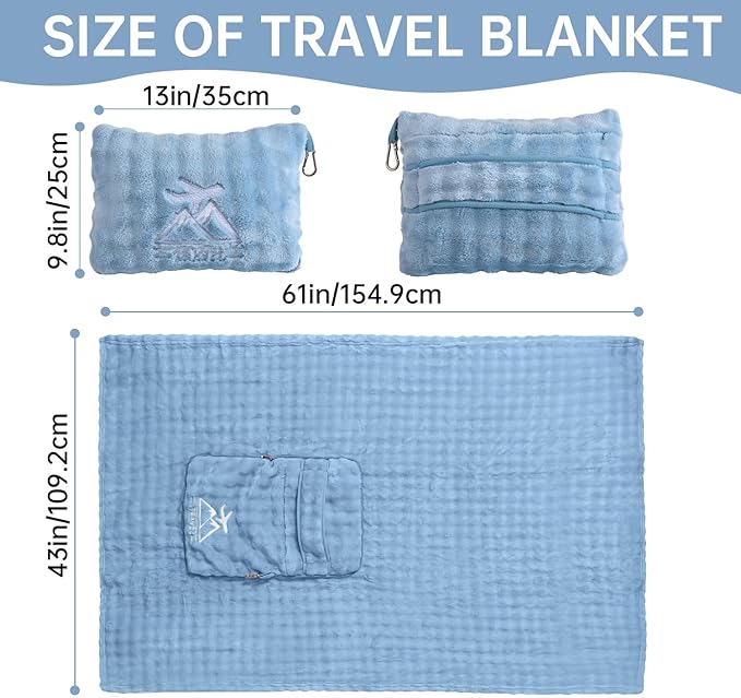 Travel Blanket and Pillow-2-in-1, Ultra-Soft&Compact, One-Piece Airplane Blanket with Hand Luggage Belt and Backpack Clip,Travelers Accessories Gifts, 61x43 Inches (Blue)