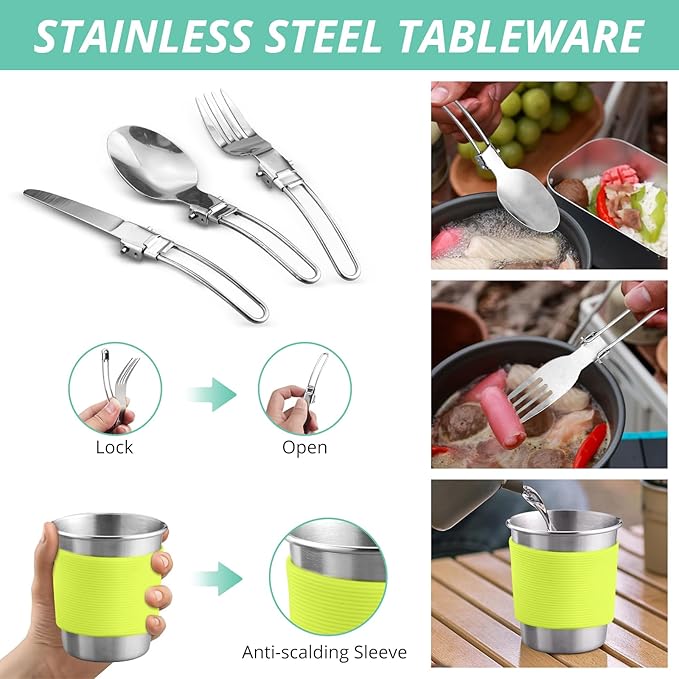 VINTEAM Camping Cookware Set 830g Stainless Steel Pot Pan Set with Folding Handle and Storage Bag for 1-2 Person Outdoor Hiking Camping