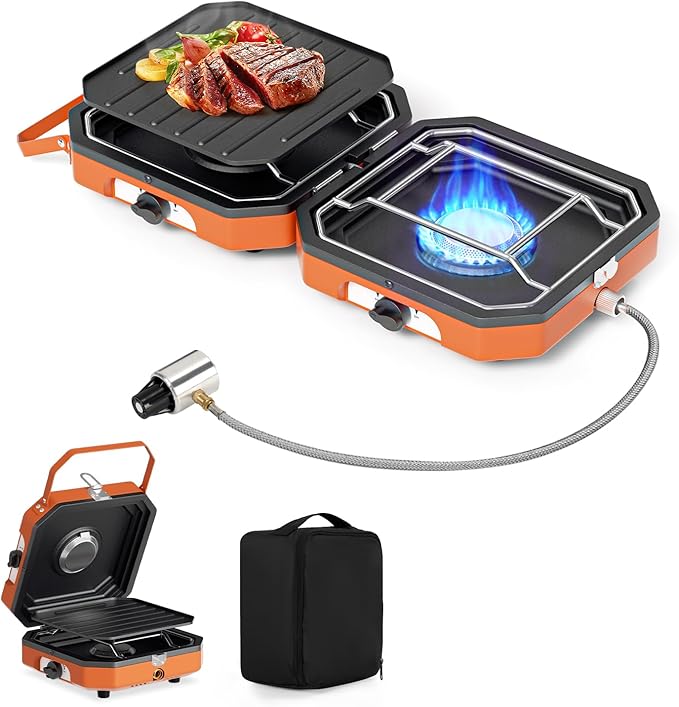 Adjustable 2 Burner Propane Camping Stove With Grill and Carry Bag, 16,000 BTU Foldable Camp Stove, Flame-out Protection, Camping Stove for BBQ/Tailgating, Orange