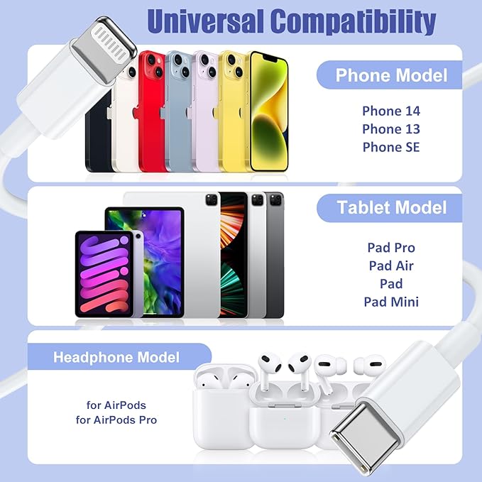 4Pack USB C to Lightning Cable 10FT, Fast Charging Cord for iPhone 14, Replacement for Apple Original Charger Cable for iPhone 14 13 12 11 Pro 11 XS MAX XR 8 7 6s Plus