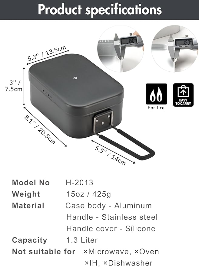 CAMPINGMOON Mess Tin 1.3L Aluminium Camping Cookware Extreme Thick Black H-2013