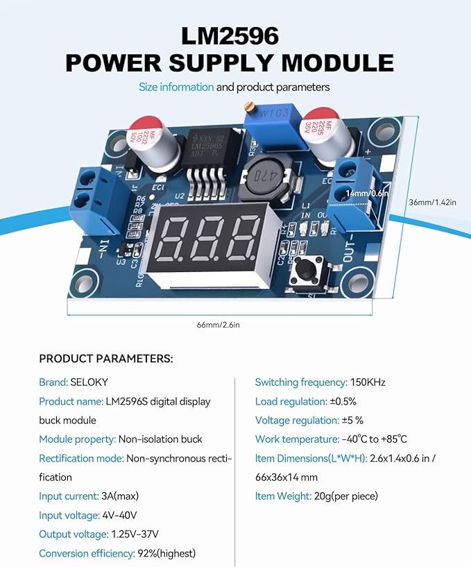 LM2596 DC-DC Buck Power Converter Module, Adjustable Voltage Regulator 4-40V to 1.25-37V Buck Converter with LED Voltmeter Display (Pack of 6)