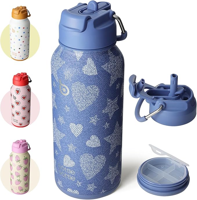 BOTTLE BOTTLE 32oz Insulated Water Bottle Stainless Steel Sport Water Bottle with Straw Dual-use Lid Design for Gym with Pill Box