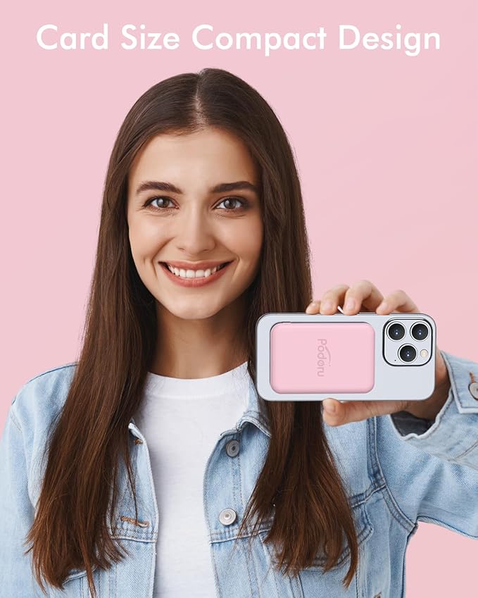 podoru for Magsafe Battery Pack, 5000mAh Magnetic Power Bank with Type-C Cable 20W PD Fast Charging Lighting Input Wireless Portable Charger for iPhone 17/16/15/14/13/12/ All Series-Pink