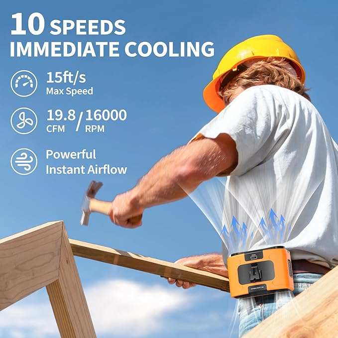 20000mAh Portable Waist Fan, Personal Fan Clip on with Rechargeable Battery operated, 40H Cooling,10 Speeds,16000RPM Hands-Free Belt Neck Fan for Outdoor Jobsite Gardening Camping Travel (Orange)