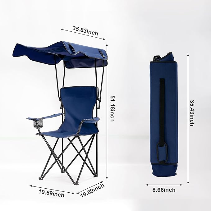 Folding Camping Chair with Canopy, Portable Outdoor Beach Chair for Fishing, BBQ, Picnic, Backyard, Lightweight Sun Shade Chair with Cup Holder, Navy Blue