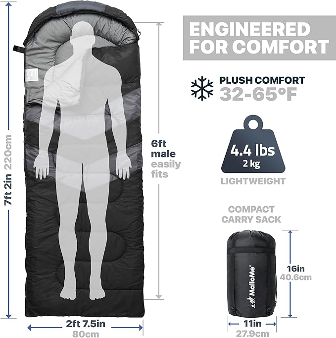 MalloMe Sleeping Bags for Adults Cold Weather & Warm - Backpacking Camping Sleeping Bag for Kids 10-12, Girls, Boys - Lightweight Compact Camping Essentials Gear Accessories Hiking Sleep Must Haves