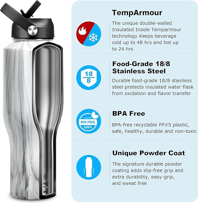 HYDROWION 40 oz Insulated Water Bottle with Straw fit in Car Cup Holder(Cold 48 hrs, Hot 24 hrs) Drinking Bottle with Straw Lid, Spout Lid and Flex Cap Leakproof Travel Thermo Mug，Marbling