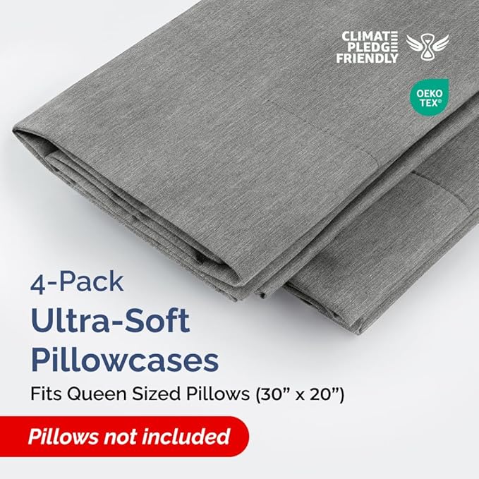 Pillowcases - Ultra Soft Hotel Quality Pillowcase Covers - Comfy, Cozy & Wrinkle Free - Shrinkage and Fade Resistant - Machine Washable Pillow Protectors - (Queen, Heathered Grey, 4 Piece Set)