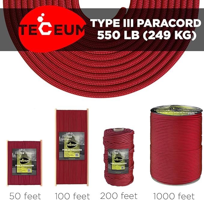 TECEUM 5/32" Paracord Rope 1000 – 1000ft / 200ft / 100ft / 50ft – Tactical Parachute Cord 4mm – 45+ Colors – Nylon String for Survival & Camping Gear – Stripe Cord for Survival – Utility Rope