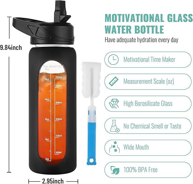 CIVAGO 24 oz Glass Water Bottle with Straw and Handle, Large Sports Motivational Water Bottle Flask with Time Marker and 2 Lids, Leakproof Jug Canteen with Silicone Sleeve for Gym, Navy Blue