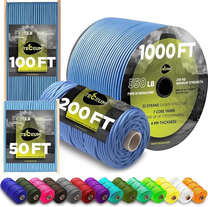 TECEUM 5/32" Paracord Rope 1000 – 1000ft / 200ft / 100ft / 50ft – Tactical Parachute Cord 4mm – 45+ Colors – Nylon String for Survival & Camping Gear – Stripe Cord for Survival – Utility Rope