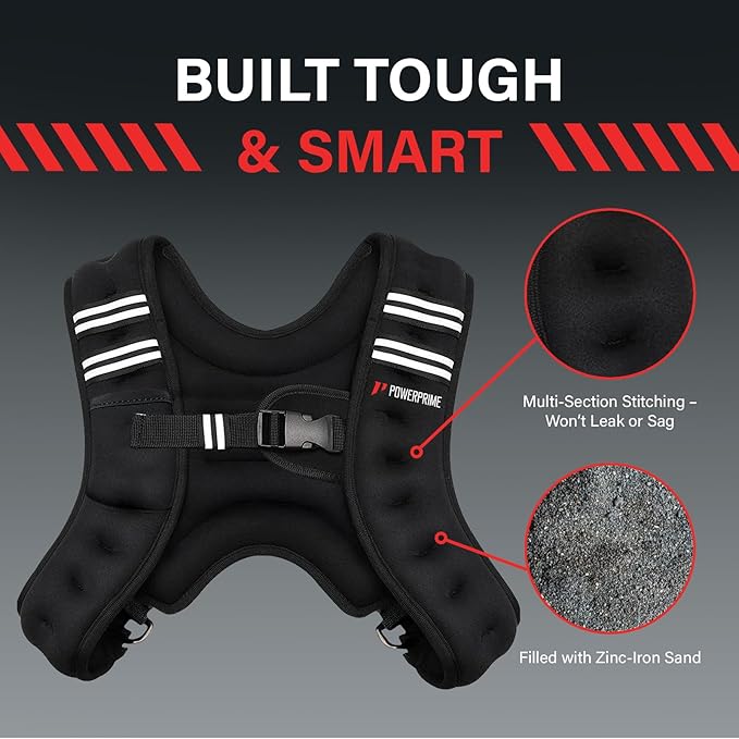 PowerPrime® Weighted Vest 11 lbs (5 kg) – Adjustable, Unisex Fitness Vest for Men & Women – Neoprene Material, Reflective Strips, Mesh Pocket – Ideal for Running, HIIT, and Strength Training