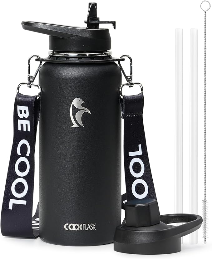 Coolflask 32 oz Water Bottle with Strap, Insulated Metal Water Flask with Straw & Spout Lids, Stainless Steel Double Wall Vacuum, Keep Cold 48h Hot 24h, Leak Proof & Non-BPA, Magic Black