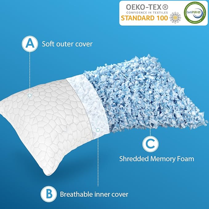 SUPA MODERN Cooling Pillows for Side Sleepers, Cool Side Sleeper Pillow for Neck Pain Relief, Luxury Shredded Memory Foam Pillows 2 Pack, Adjustable Gel Cervical Neck Pillow Queen Size Set of 2