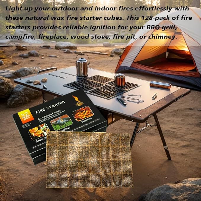 128 Pack,Natural Fire Starter Cubes for BBQ,Campfire,Fireplace,Indoor Outdoor Use,Grill Charcoal Wood Stove Fire Pit Chimney,All-Natural Odorless Wax Fire Starters
