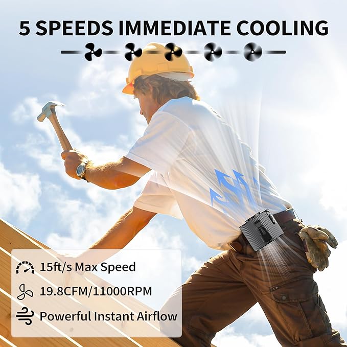 PANERGY Portable Waist Fan, Personal Fan Clip on with Rechargeable Battery operated, 5 Speeds,11000RPM, 20H Cooling, Hands-Free Belt Fan for Outdoor Jobsite