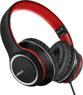 LORELEI X8 Over-Ear Wired Headphones with Microphone with 1.45m-Tangle-Free Nylon Line&3.5mm Plug,Lightweight Foldable & Portable Headphones for Smartphone,Tablet,Computer,Mp3/4(Black-red)