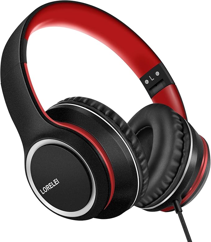 LORELEI X8 Over-Ear Wired Headphones with Microphone with 1.45m-Tangle-Free Nylon Line&3.5mm Plug,Lightweight Foldable & Portable Headphones for Smartphone,Tablet,Computer,Mp3/4(Black-red)