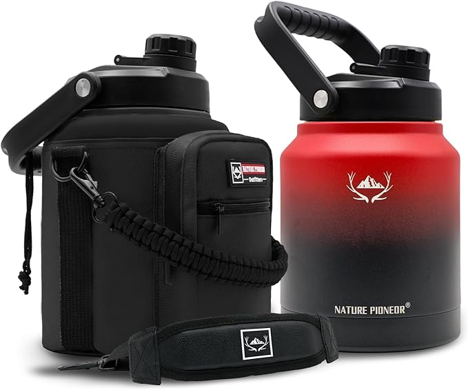 NATURE PIONEOR Insulated Water Bottles with Strap Pouch - 84 oz Stainless Steel Vacuum Bottle with Holder/Carrier/Sleeve - 18/8 Food Grade 84oz Water Jug
