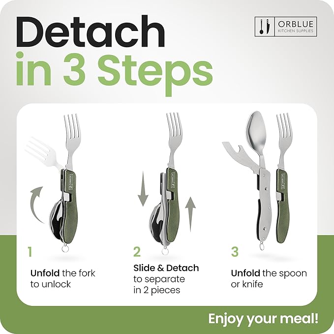 Orblue 4-in-1 Camping Eating Utensils, 2-Pack - Portable Spoon, Fork, Knife & Bottle Opener Combo Set - Stainless Steel Flatware with Detachable Fork - Backpacking Cutlery Multitool, Olive Green