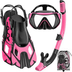 Snorkeling Gear for Adults, Mask Fin Snorkel Set, Dry Top Snorkel, Snorkeling Kit Travel Diving Package, Panoramic View Anti-Fog Anti-Leak Adjustable Swim Fins