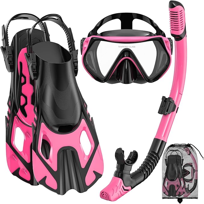 Snorkeling Gear for Adults, Mask Fin Snorkel Set, Dry Top Snorkel, Snorkeling Kit Travel Diving Package, Panoramic View Anti-Fog Anti-Leak Adjustable Swim Fins