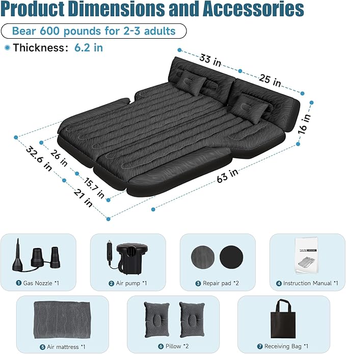 SUV Air Mattress Double-Sided Flocking Car Mattresses for Car Bed, Travel Camping Sleeping Bed with Air Pump 2 Pillows
