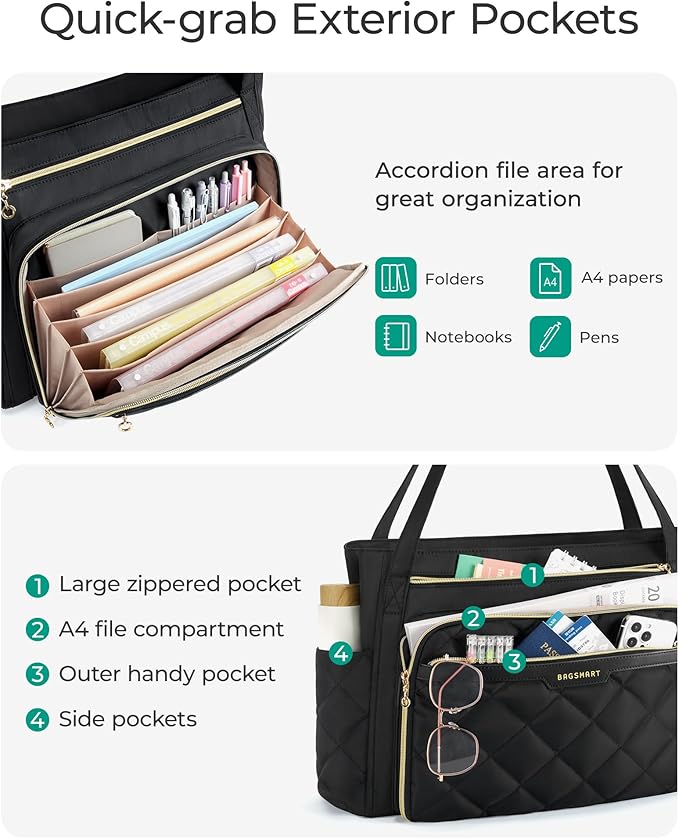 BAGSMART Teacher Tote Bag for Women 15.6in Quilted with Insulated Pocket & Nurse Bag Features (Black)