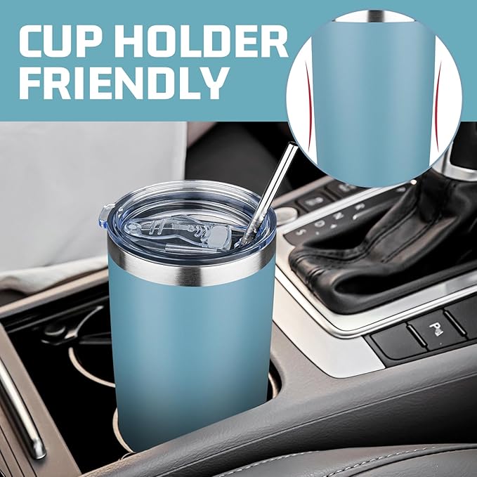 20 oz Tumbler with Lids and Straws, Stainless Steel Insulated Travel Coffee Mug, Double Wall Vacuum Insulated Tumblers, Powder Coated Coffee Tumbler for Cold & Hot Drinks (Azure Blue,4pack)