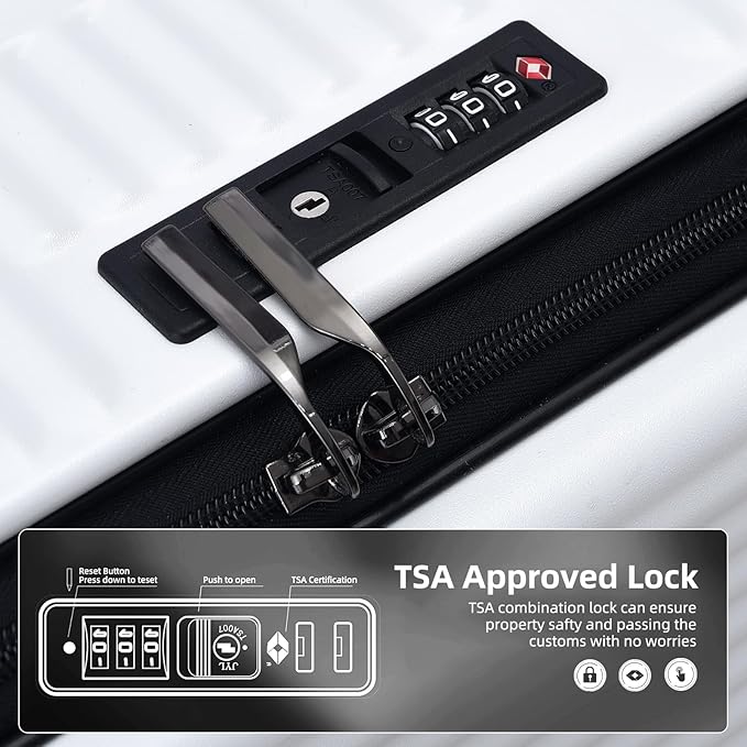 29 Inch Aluminum Checked Luggage with Side Opening Zipper, 40 * 37 * 77cm, 113L, Lightweight Hardshell ABS+PC Suitcase with TSA Lock, 360° Universal Wheels, White