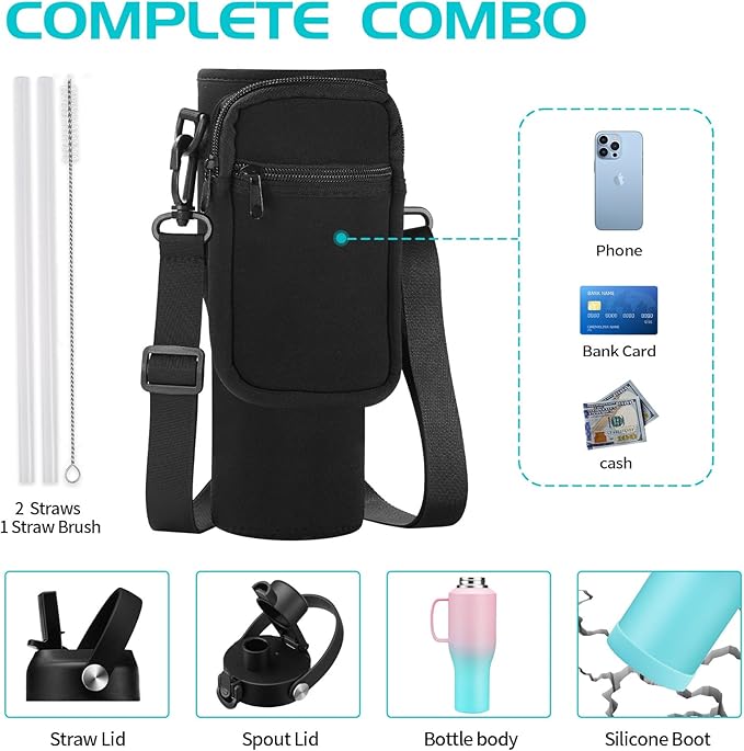 40 oz Insulated Water-Bottle that fits in Cup Holder - Straw & Chug Lid, Cold 48h/Hot 24h, Travel Coffee Tumblers with Handle & Strap Carrier Bag & Protective Boot, Leak Proof Metal Flask Cup